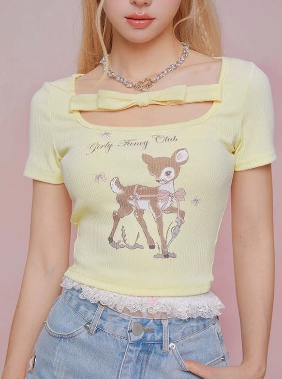 GrilyFancyClub 사슴 프린트 옐로우 U넥 보우 여름 신상 어깨 반팔 티셔츠 탑 여성