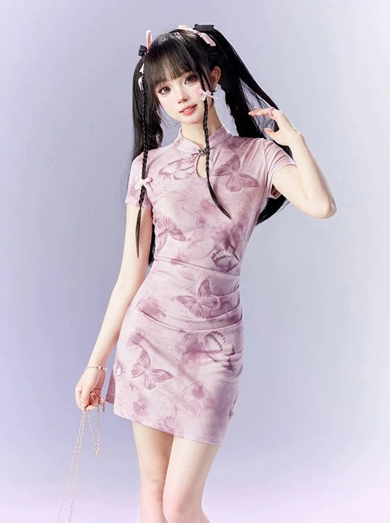 Sweet Pinky Butterfly Short China Dress