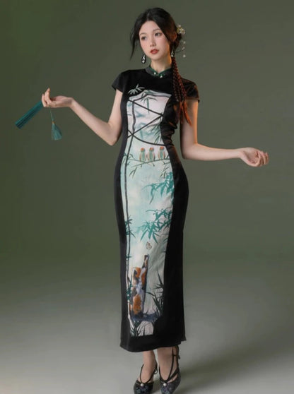 四斤自制竹猫蝴蝶原创民族风艺术构思假两件新中式纹理改良旗袍长裙