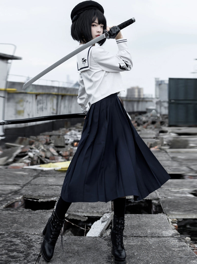 Dark Girl Sailor Color Top + Pleated Skirt