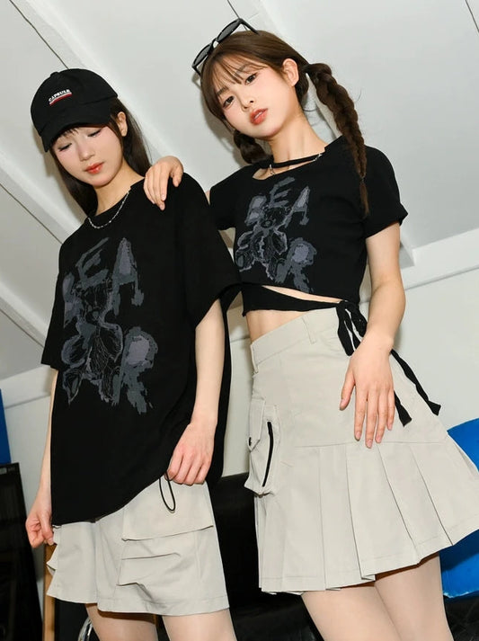 Midnight Bear Infested Thin Black Short Sleeve T-shirt Strap Design Sense Short Top Girlfriend Mori Female Tribe Original