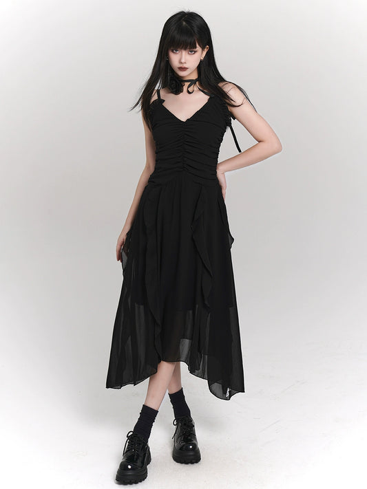 Ghost Girl Black French Slip Dress 2024 New Women's Summer Temperament Waist Sweet and Spicy Skirt