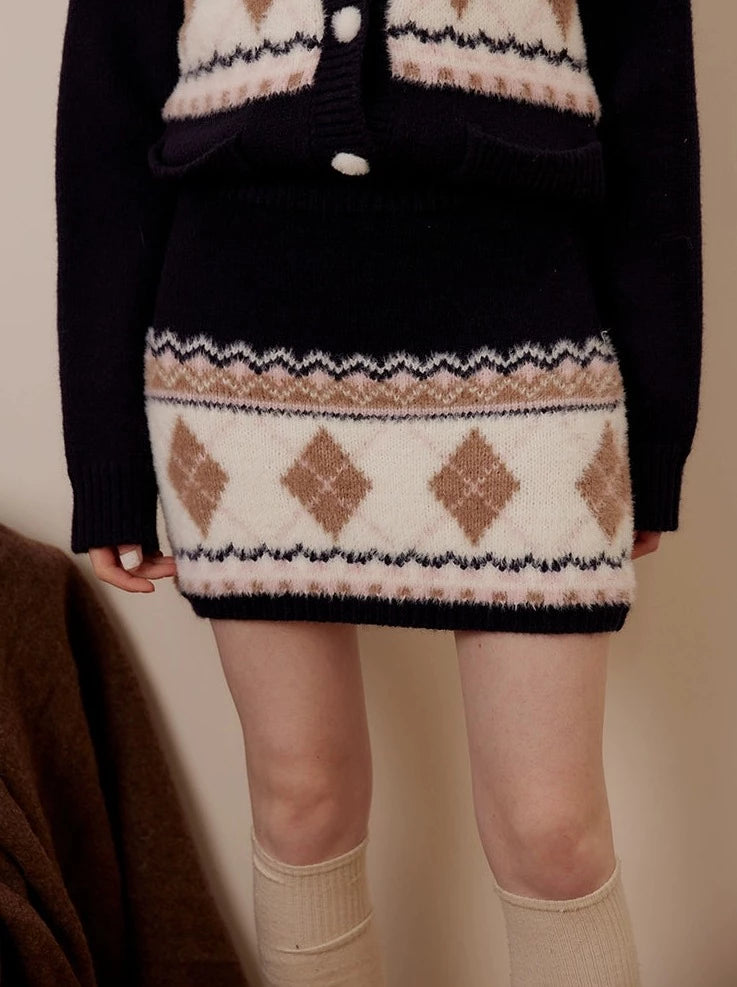 Argyle Knit Cardigan + Argyle Knit Skirt