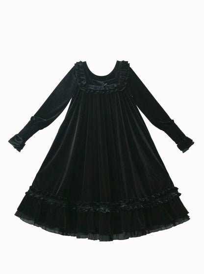 Black Swan French Retro Square Collar Velvet Elegant Dress + Belt + Ribbon [Reserved Item].