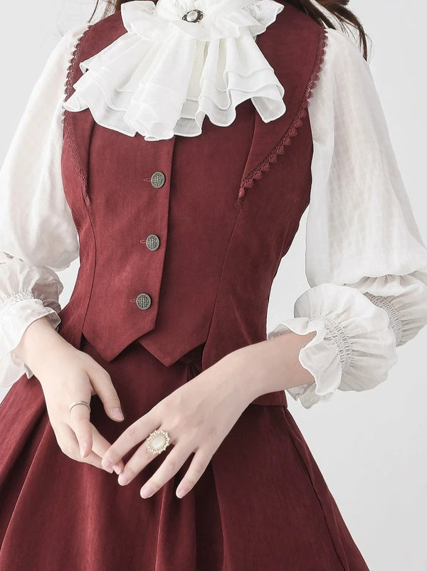 Classical retro blouse + colored vest + flared long skirt