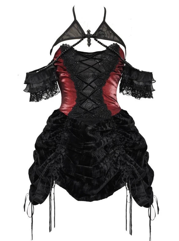 Gothic Velvet Spider Halter Neck Drawstring Bustier Dress