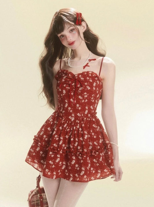 Less eyes spring cherry red floral dress women's summer waist sweet and spicy skirt A-line skirt