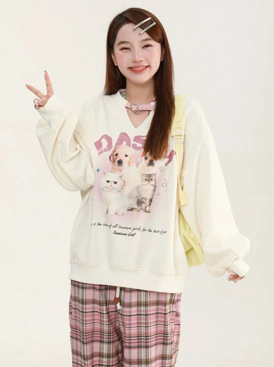 Dog & Cat Print Buckle Design Sweatshirt [Short/Long