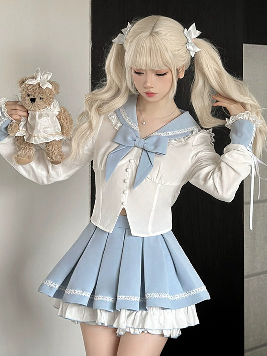 Spring New] Ochaya Girl's Route Blue College Style Milk Sweet Sailor Uniform JK Uniform Suit Skirt