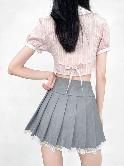 Striped Sweet Color Puff Sleeve Top + Ribbon