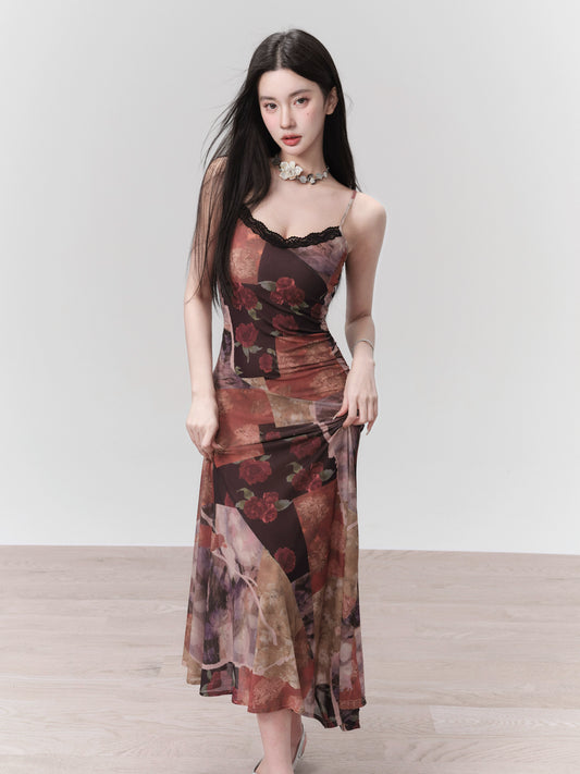 [Spot] Fragile Shop Retro Flowers Romantic Rose Print Sundress Irregular Seaside Resort Dress