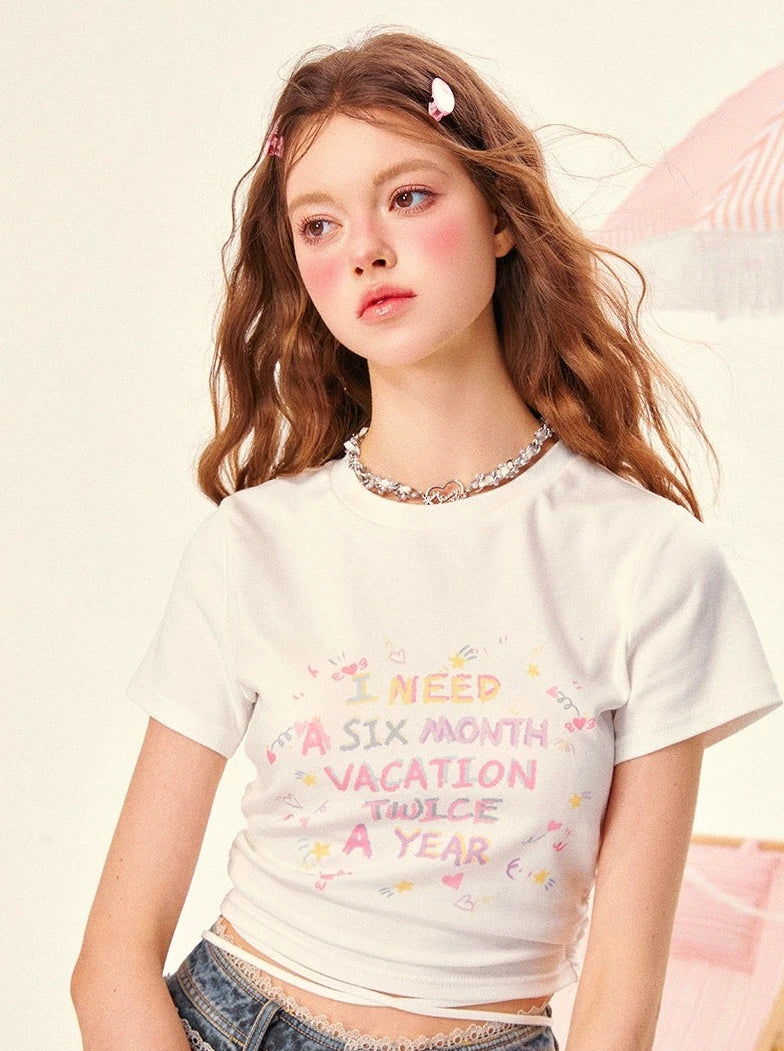 GirlyFancyClub 핸드페인팅 레터 프린트 디자인 센스 아메리칸 핫티 트리밍 탑 여성 크롭 티셔츠 여름