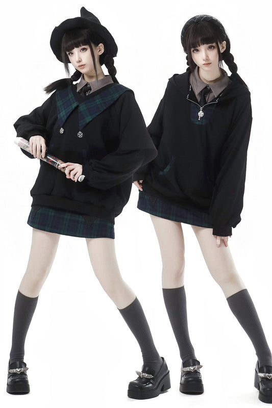 Green Black Check Skirt Sweat Set-Up