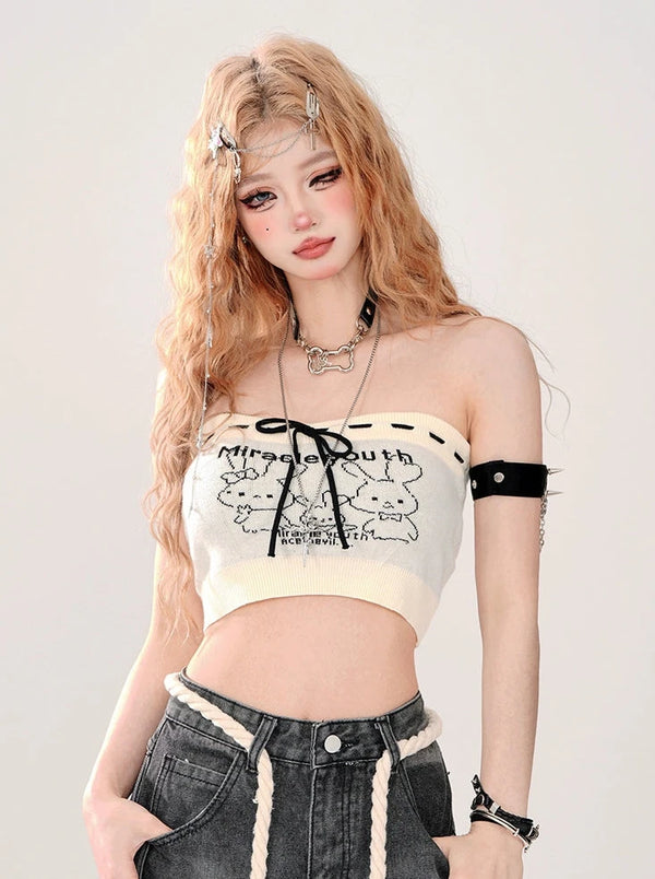 オフショルダーバックレースアップリップドニットショートトップス＋チューブトップ