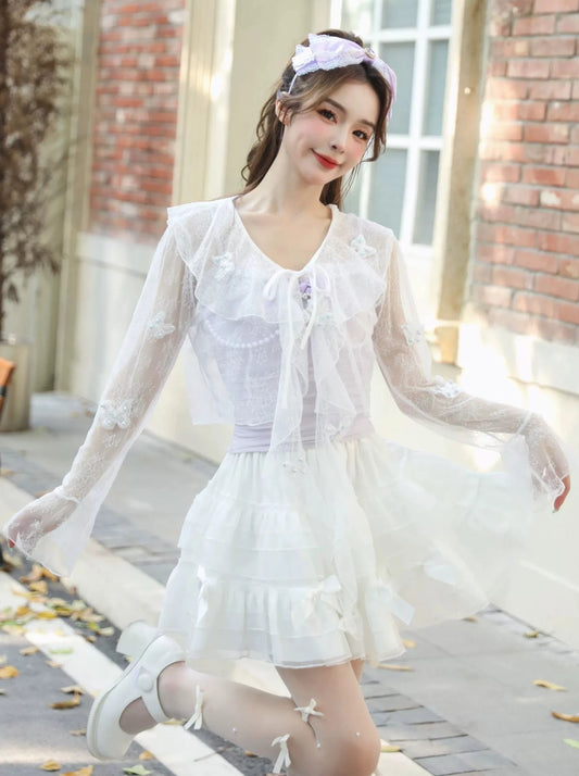 Dream princess butterfly embroidered pearl wavy fungus flared sleeves loose cut-out lace cardigan sun protection jacket