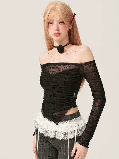 [En vente le 31 mai à 20 heures] Less eye transparent lace black long-sleeve one-shoulder T-shirt women's summer mesh