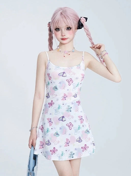 11SH97 White Butterfly Print Dress Women's Summer Girl Slim Slim Small Slip Dress Short Skirt