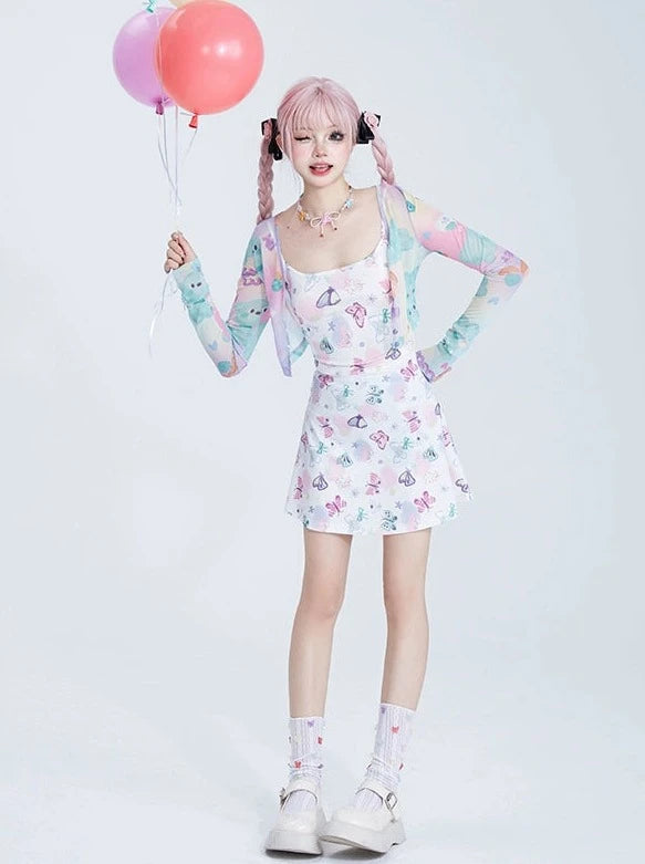 Colorful Butterfly Slim Suspender Dress