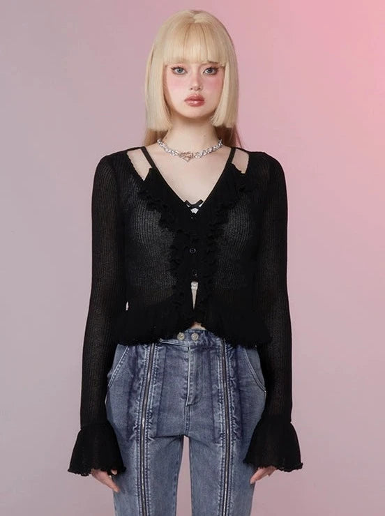 フリルオープンネックカーディガントップス