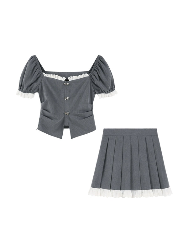 French girly lace jacket + pleated skirt