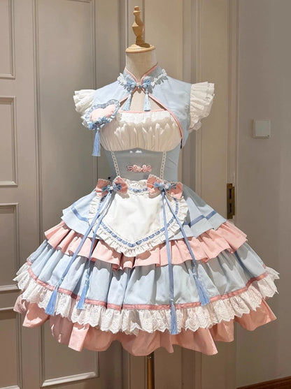 [Reservations] Sweet Cool Love Chinese Lolita Dress + Vest + Apron + Hair Accessories