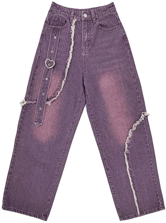 Washed Purple Heart Belt Wide Pants