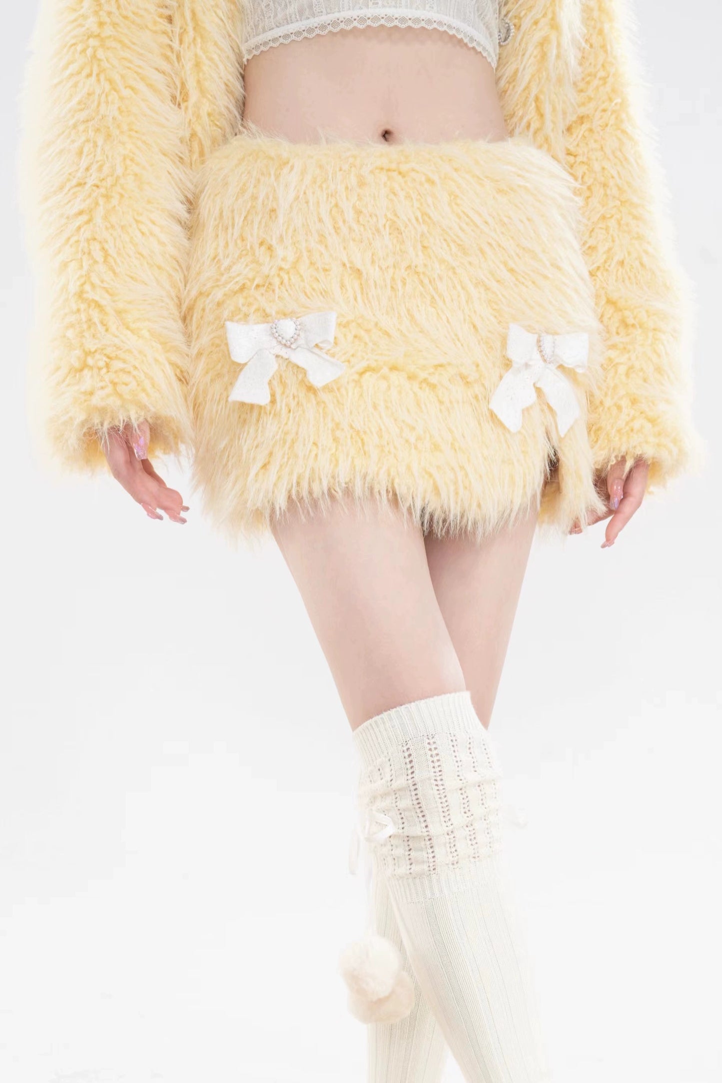 Milky Yellow Fur Coat + Fur Ribbon Skirt