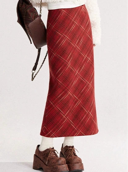 Red Checked Wool Long Skirt