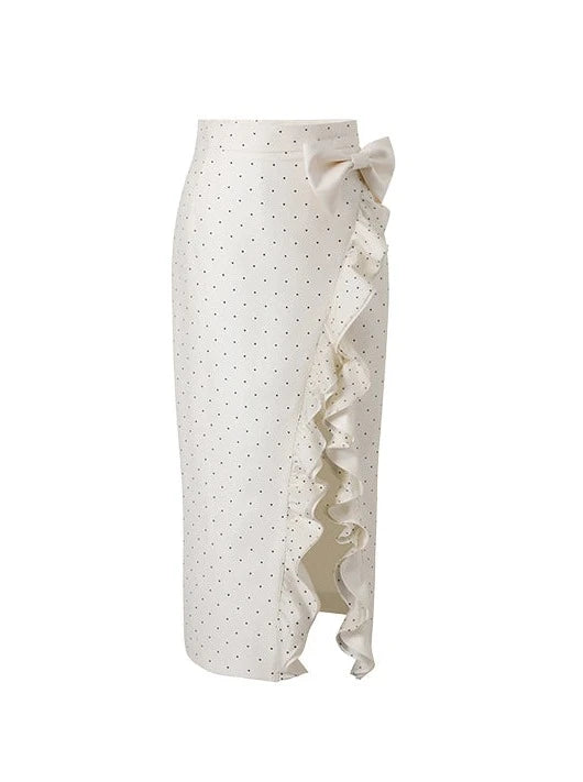 Silk Dot China Puff Sleeve Top + Ruffle Slit Long Skirt