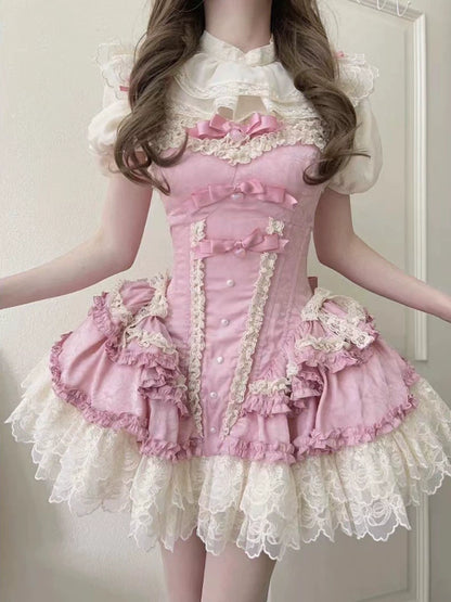 핑크 발레 도그 쇼트 헤링본 JSK 로리타 드레스