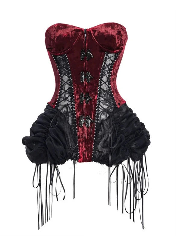 Hell Alice Gothic Dark Fishbone Straps Corset Tulle Dress Set