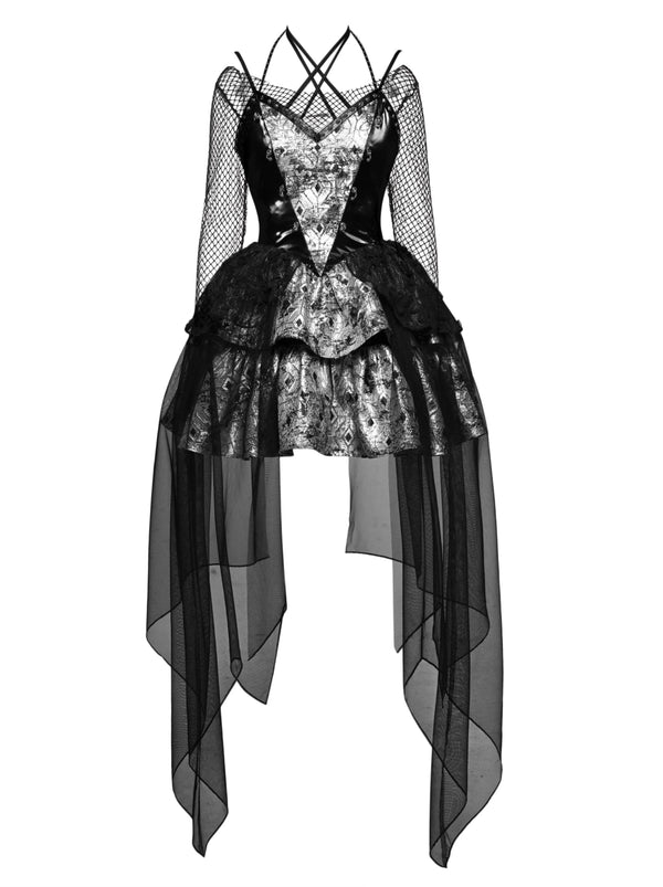 Punk PU metallic halter-neck suspender tulle dress + off-the-shoulder mesh sheer top