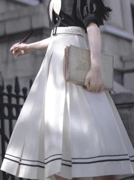 Retro French Elegant Sailor Collar Puff Sleeve Shirt + Box Pleated Skirt + Bunny Ear Tie [Reserved Item