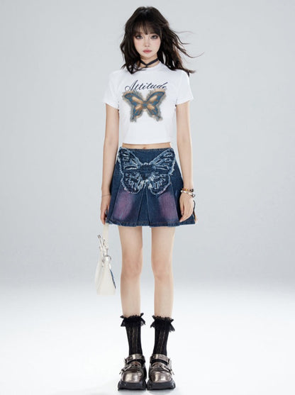 Butterfly Denim Short Skirt