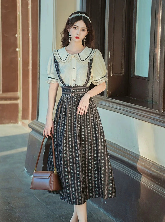 Vintage French Preppy High Waist Strappy Skirt Two Piece Suit Small Everyday Lolita Dress Woman