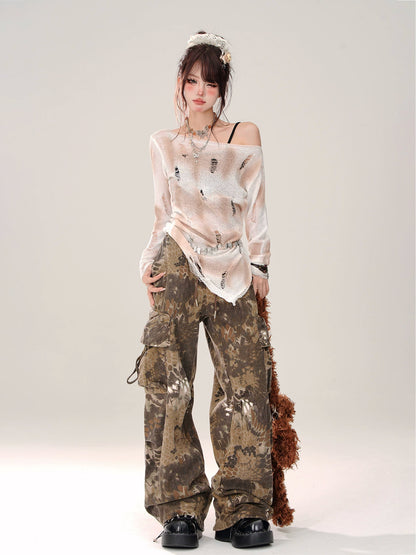 Camouflage loose overalls straight pants