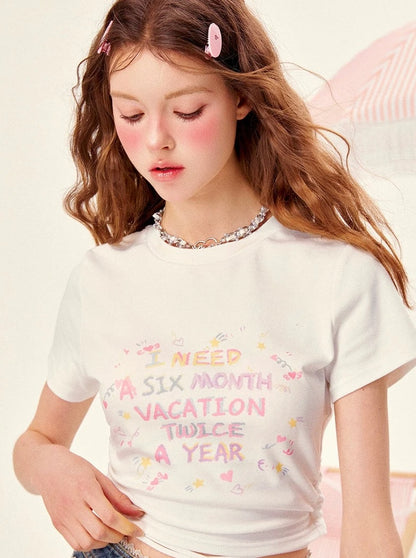 GirlyFancyClub 手绘字母印花设计感美式辣妹镶边女式夏装套头 T 恤
