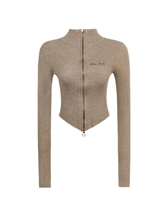 Slim fit short zipper sweater cardigan + pleated skirt