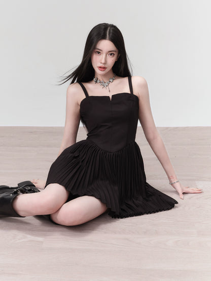 Spot] Fragile shop silky black clever French sweet pintuck dress early spring date slip dress