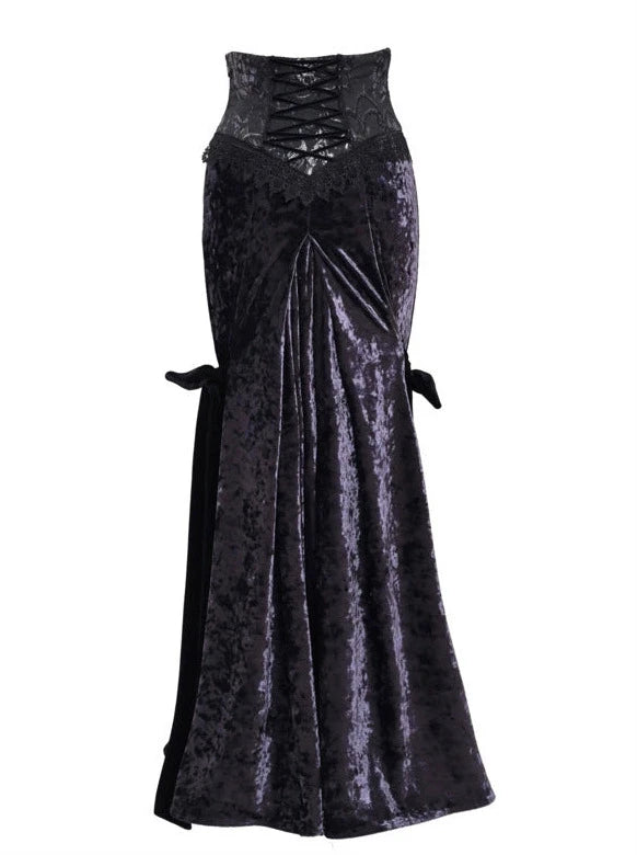 Luna Velvet Slim Gothic Ribbon Long Skirt