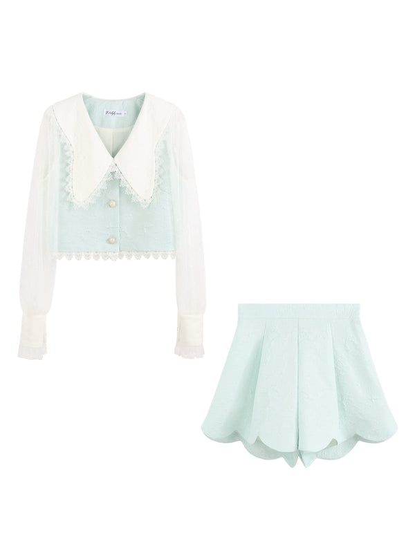 Girly blue big collar shirt + shorts