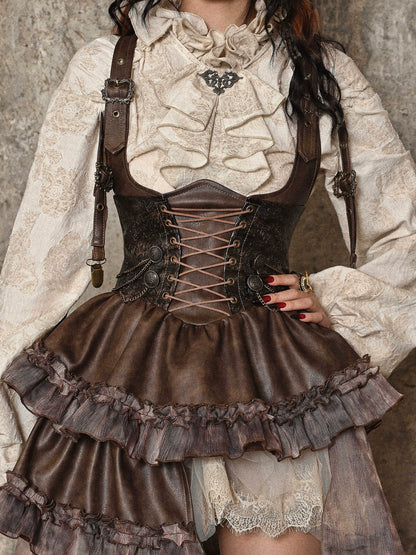 Steampunk Asymmetrical PU Maillard Chest Support Strap Skirt