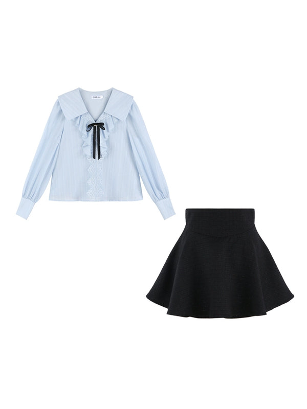 Ruffle blue shirt + chain flare skirt