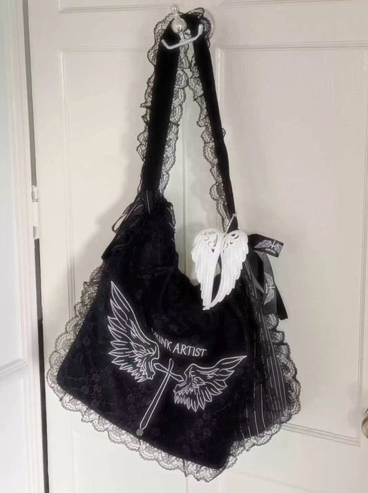 Wine and meat bazaar's original lace wings embroidered canvas bag shoulder bag