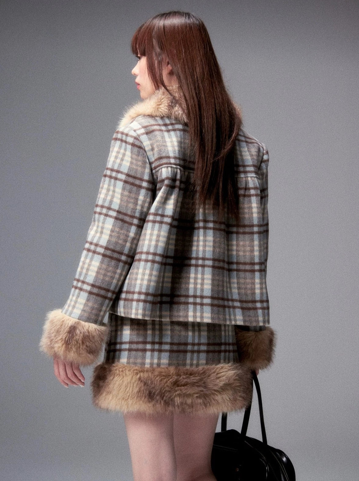 Butterfly Check Fur Short Coat + Fur Check Mini Skirt