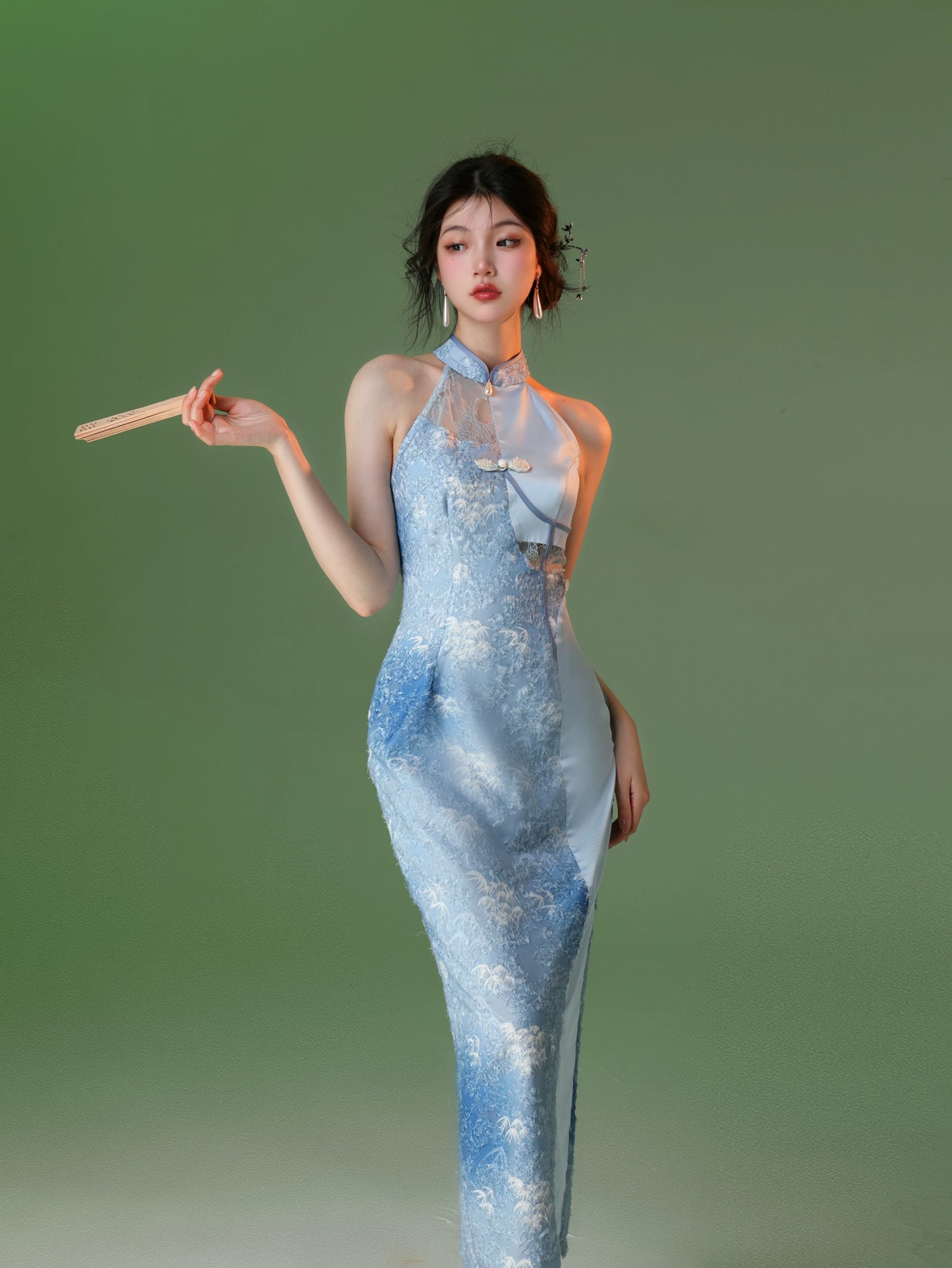 Blue Satin Long Cheongsam Dress