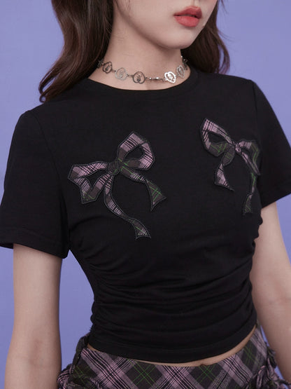 블랙 핑크 콘트라스트 리본 슬림 크롭트 티셔츠