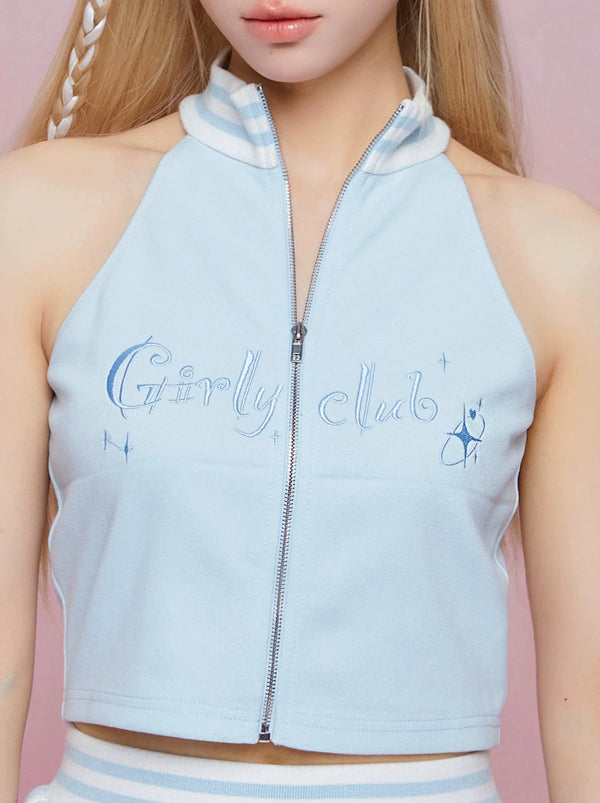 Sports style blue shoulder sleeveless top + casual pants + skirt