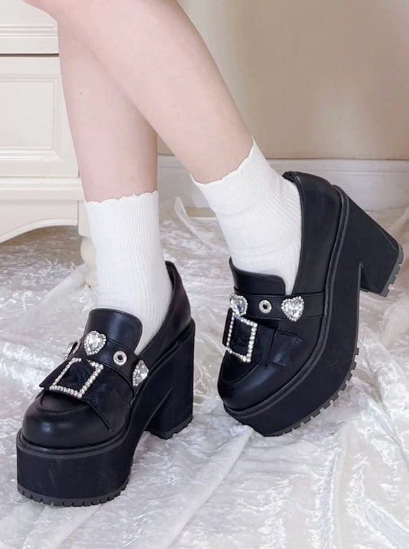 Jewel Pointed Toe Loafer Platform Shoes [Enamel Black Matte Black