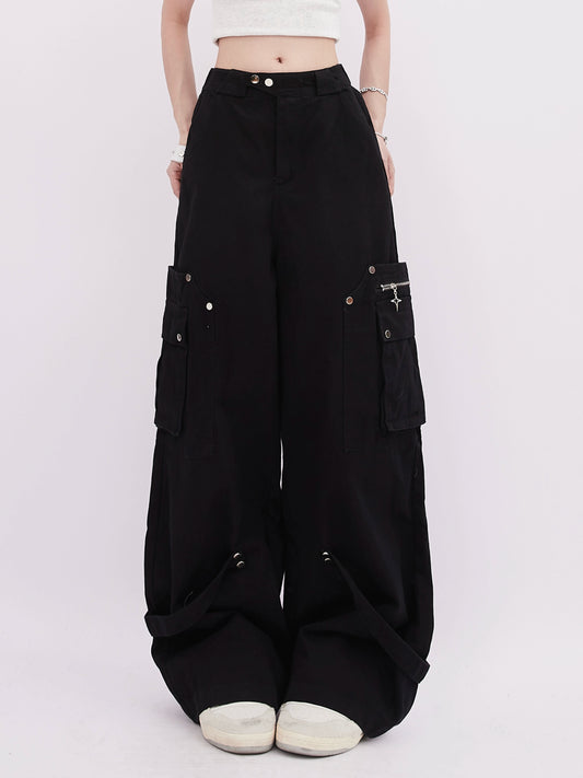 Rayohopp cargo pants women's spring ins american street personality multi-pocket tie design versatile straight pants